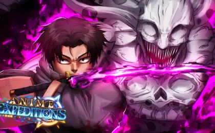Anime Expeditions heroes facing a large enemy in the official Roblox game artwork
