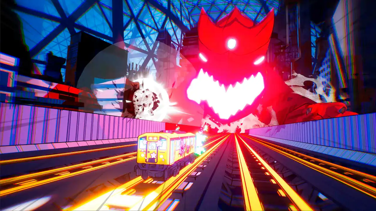 Denshattack train facing a large stage obstacle