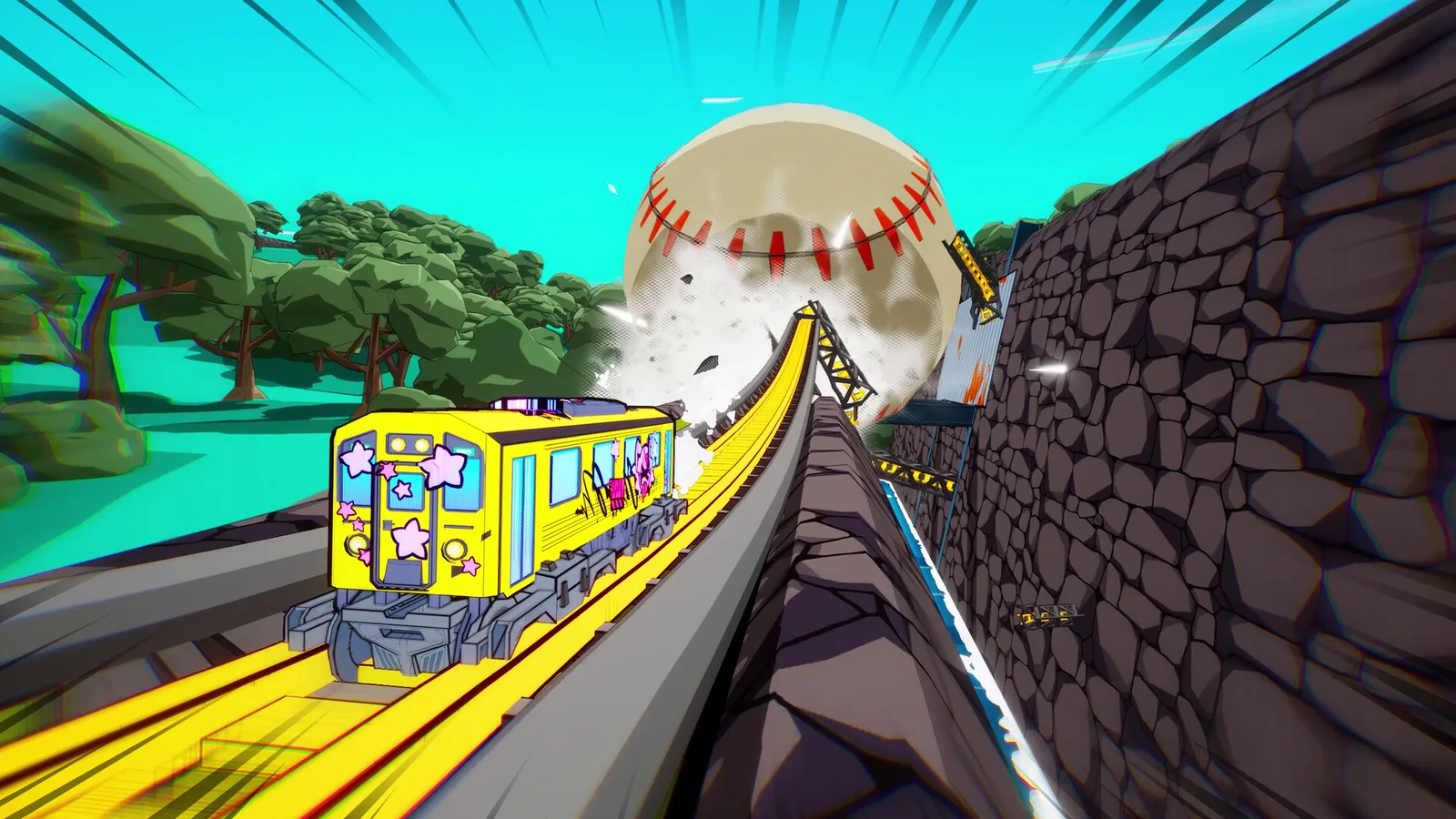 A customized train grinding toward a giant obstacle in Denshattack
