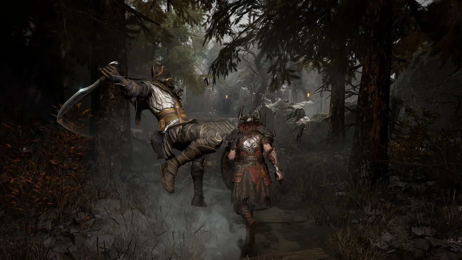 A Gyldhunter facing a dark fantasy battlefield in Mistfall Hunter