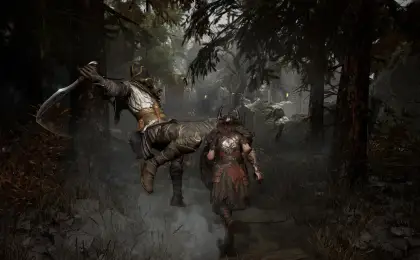 A Gyldhunter facing a dark fantasy battlefield in Mistfall Hunter