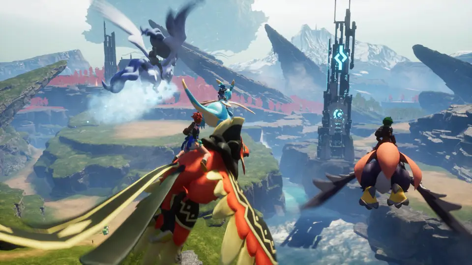 Players riding flying Pals across a Palworld landscape