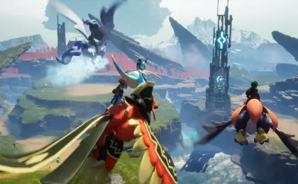 Players riding flying Pals across a wide Palworld landscape